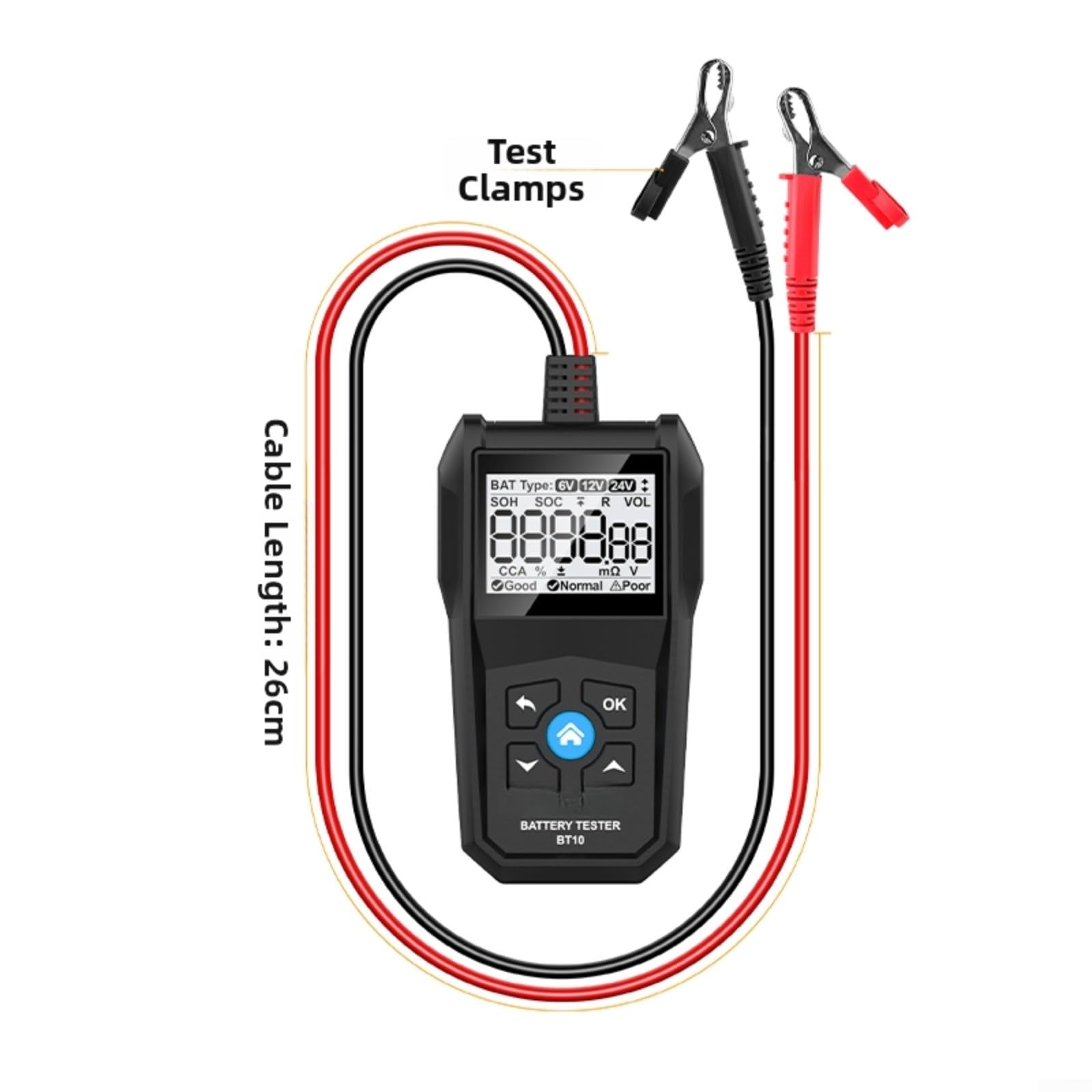 BT10 Comprobador de batería para batería de coche de 6 V, 12 V y 24 V, dispositivo de diagnóstico con pantalla LCD, comprueba el voltaje de la resistencia interna CCA SOC SOH, analizador de