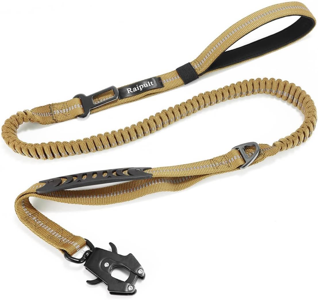 Raipult Heavy Duty Tactical Dog Leash, 4-6FT No Pull Bungee Dog Leash with Quick Release Carabiner, Highly Reflective Shock Absorbing Leashes with Car Seatbelt for Small Medium Large Dogs,Khaki
