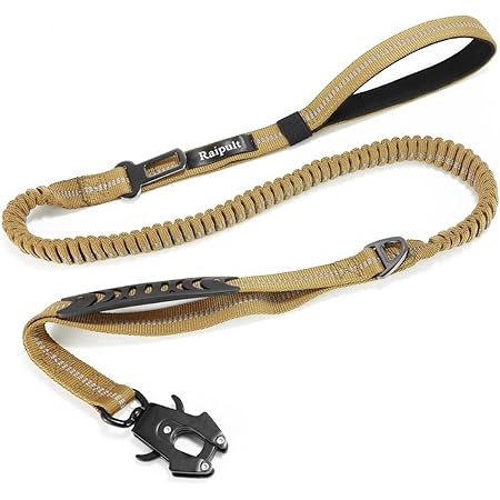 Raipult Heavy Duty Tactical Bungee Dog Leash, 4-6FT No Pull Dog Leash with Quick Release Carabiner, Reflective Shock Absorbing Leashes with Car Seatbelt for Medium Large Dogs,Khaki