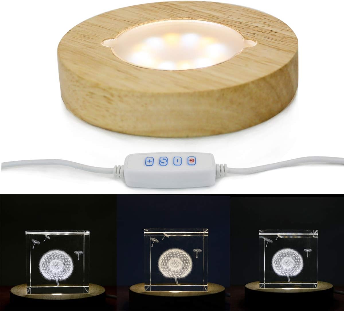 Mintso Wood LED Dimming Display Base for Glass Crystal,4 Inch White/Warm Lighted