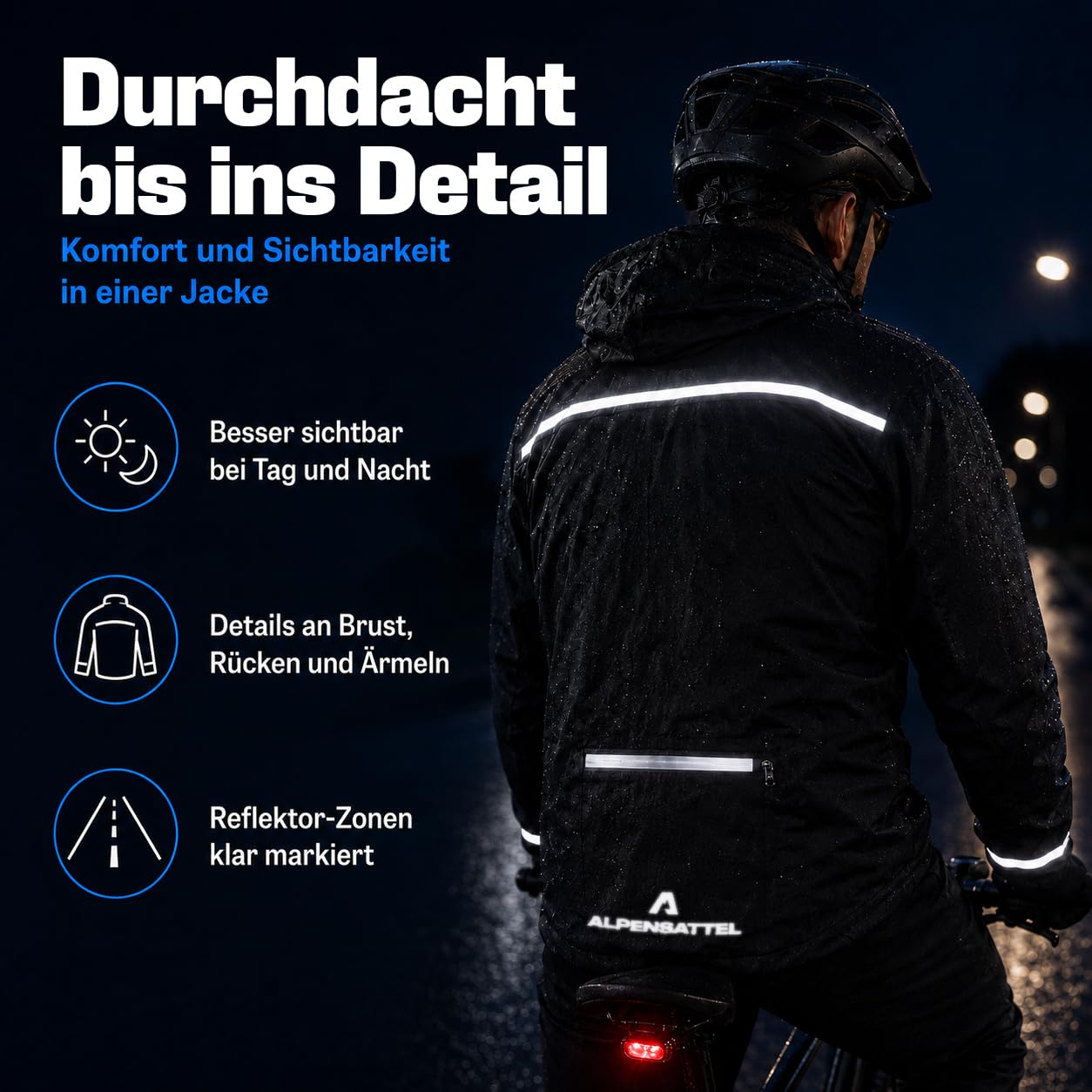 Alpensattel RainShield Fahrradjacke | Wind- & Wasserdichte Regenjacke für Damen & Herren | Leichte & Atmungsaktive Fahrrad Jacke | Reflektierend mit optimalem Schutz vor Regen & Wind | S-XXl wählbar