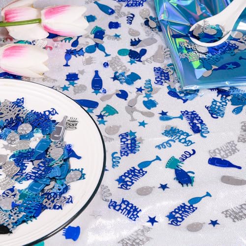 Image of Blue and Silver Happy Birthday Confetti, 3000 Pcs Birthday Cake Table Metallic Foil Confetti Party Table Decor for Party, Baby Shower, DIY Arts and Crafting