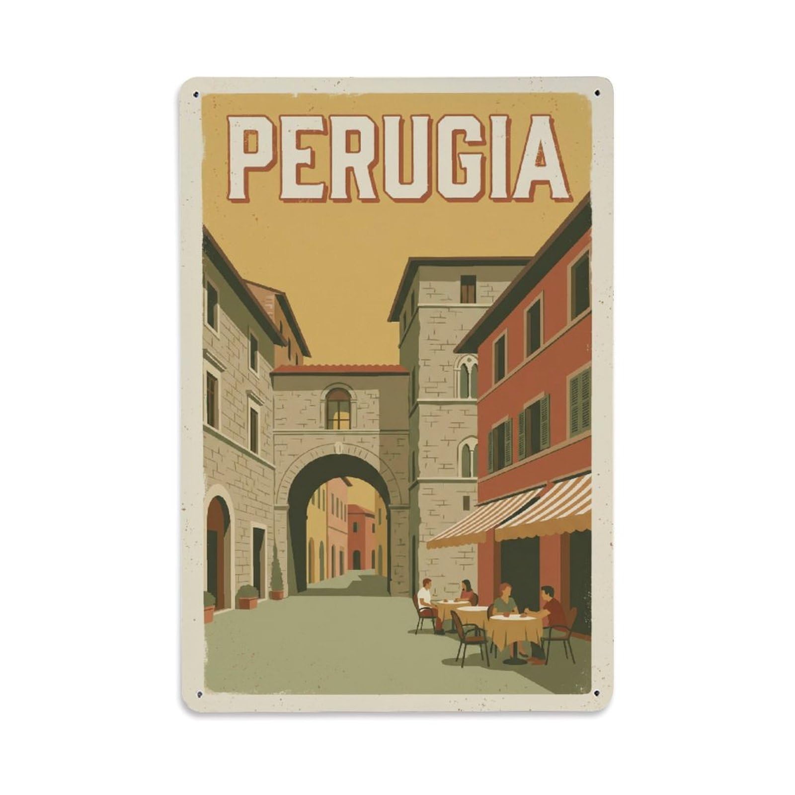 Vintage Travel Perugia Piazza Michelotti Italy Metal Tin Sign Plaque Wall Decor for Cafe, Club Bar, Office, Home Garden Metal Poster 8x12Inch
