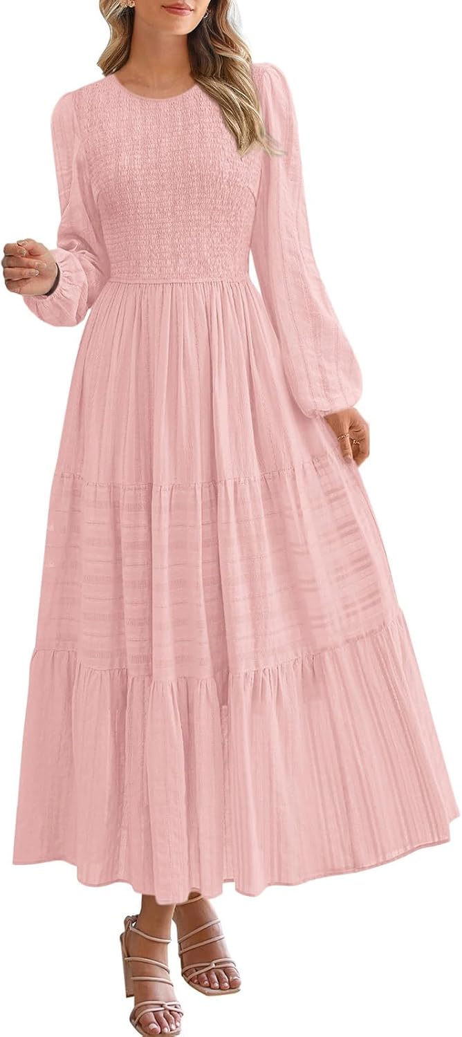 PRETTYGARDEN Womens Long Sleeve Fall Dresses Casual Crew Neck Smocked High Waist Tiered Flowy Maxi Dress with Pockets