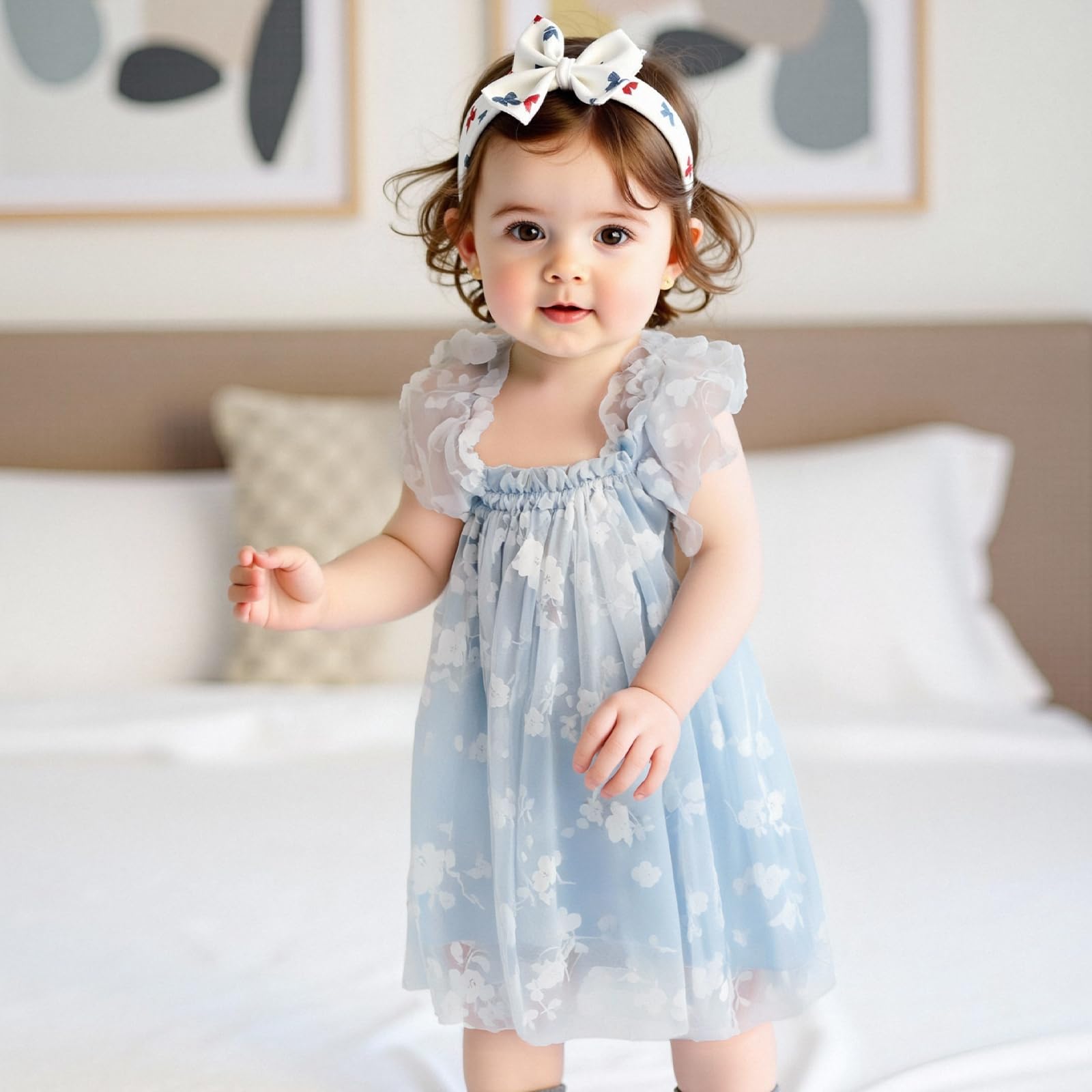 Toddler Baby Girl Summer Tulle Dress Sleeveless Strap Floral A Line Princess Dress Cute Birthday Party Tutu Sundress (Blue + White Flower, 12-18 Months)