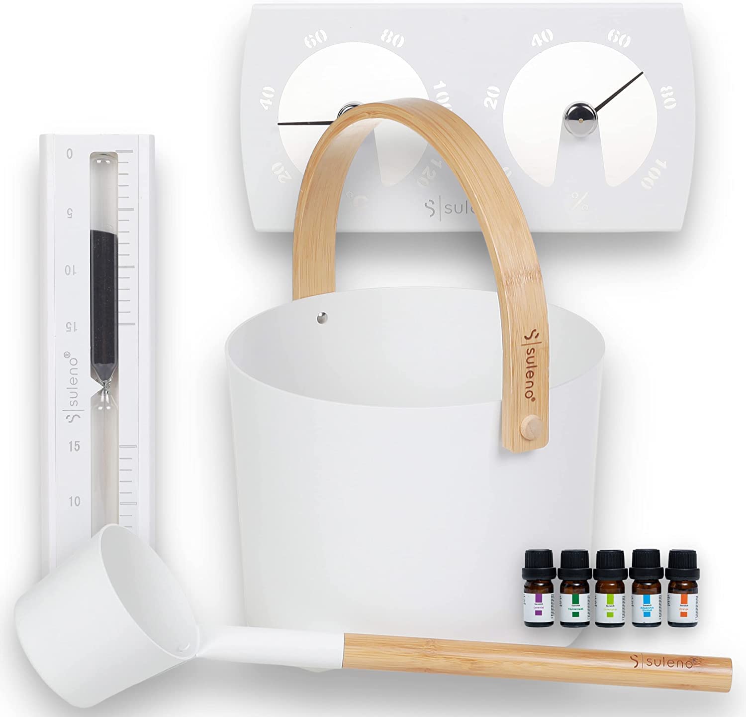 SULENO Sauna Set KJELL 2, 9-teilig, Saunakübel, Saunakelle, Weiß | Klimamesser 2in1, Sanduhr, Saunadüfte, Saunazubehör