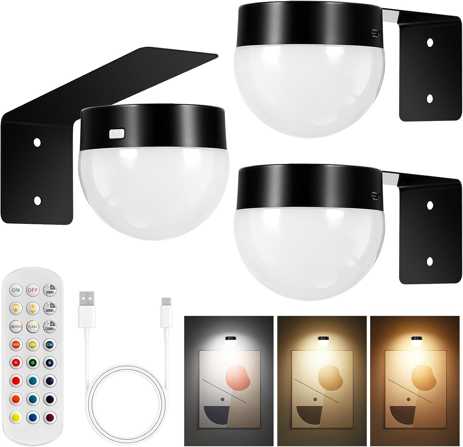 3Pack Picture Light for Wall with Remote Control 3 Lighting Colors Painting Lighting 300lumens Brightness Dimmable with Timer Auto-Off for Gallery Artwork Display Puck Closet