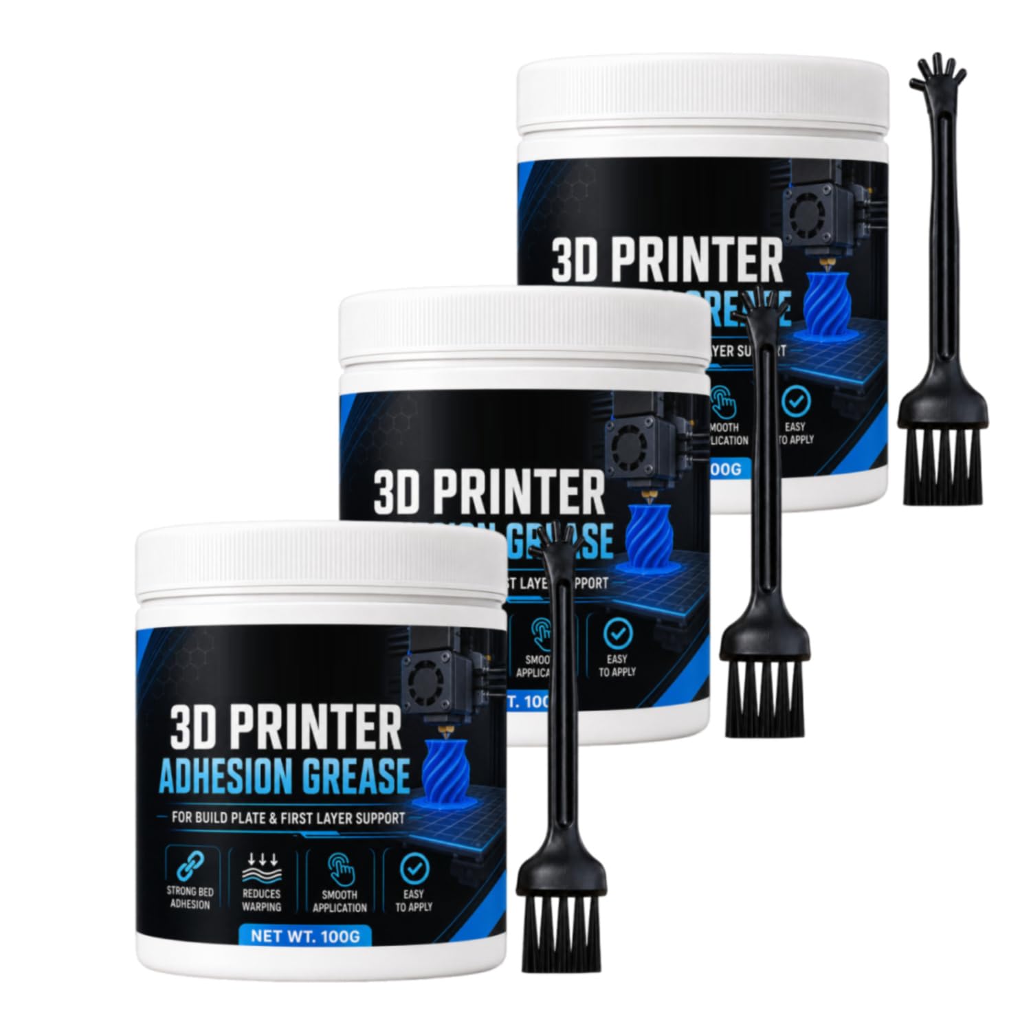 Anti-Warping Adhesion Grease for 3D Printers, Applicator Brush (3pcs)