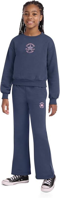 Converse Conjunto de 2 piezas de buzo con cuello redondo y pantalón acampanado de forro polar para niña
