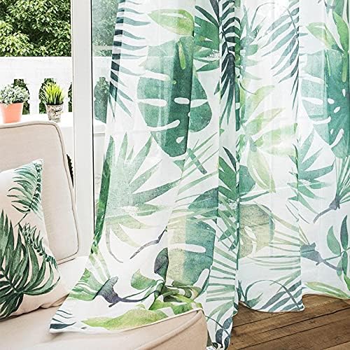 Cortinas para sala de estar, cortina de ventana estampada con hojas verdes, cortinas de lino de algodón para dormitorio (1 tul, 250 pulgadas de