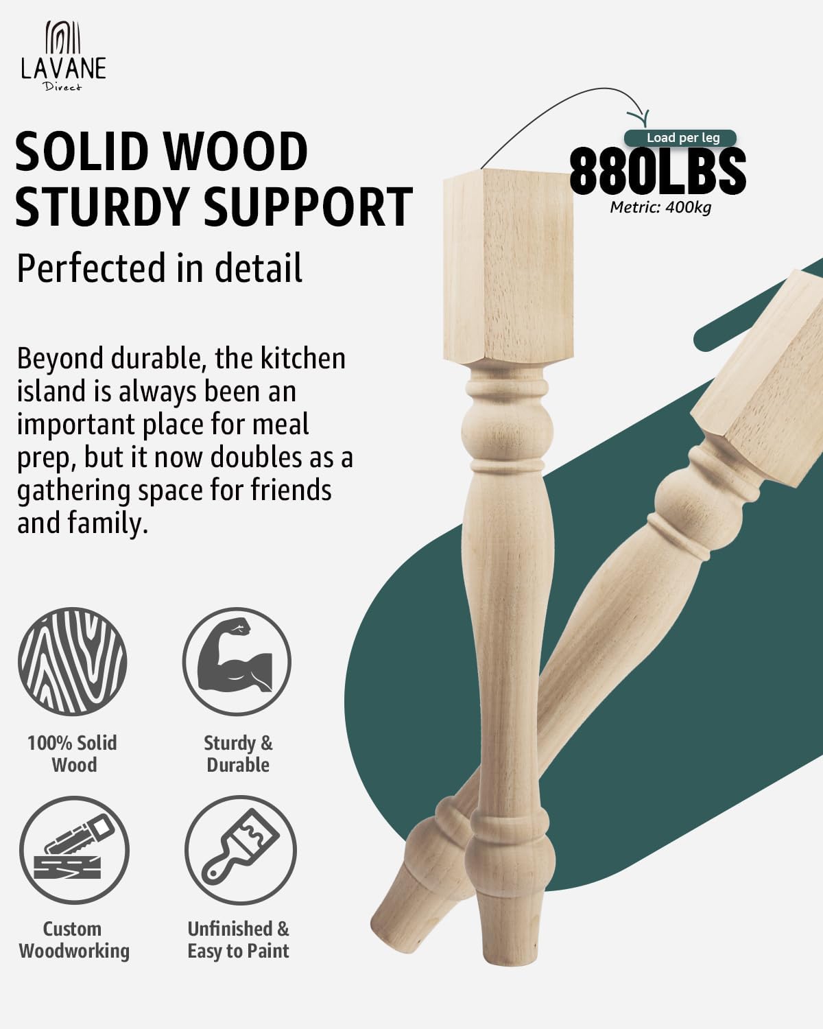 29x3.5x3.5 inch Wooden Chunky Farmhouse Table Legs, Set of 4 Solid Wood Massive Unfinished Turned Replacement Countertop Legs Kitchen Island Cabinet Columns for Bench Coffee Table Dining Table