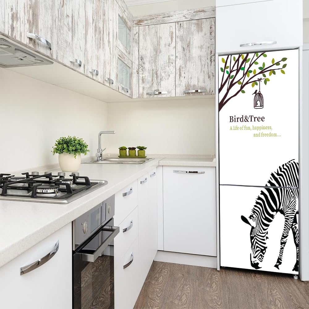 folia dekoracyjna do lodówek, Naklejki ścienne na drzwi lodówki, pełne, skórki, do kuchni, klatka dla ptaków, drzewo, zebra(M: 60x180 cm)