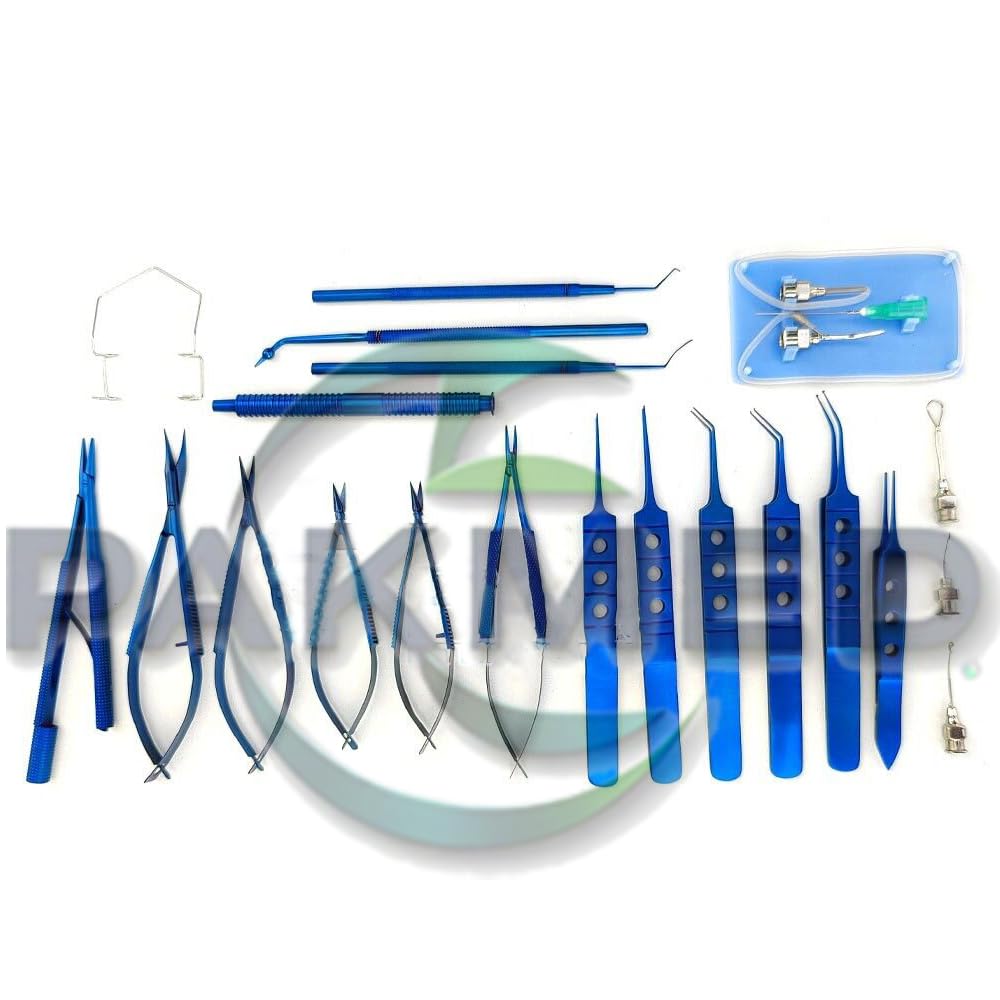 21 Pcs Micro Eye Cataract Kit Opthalmic Instruments Micro Hand Suture Kit Blue Titanium Coated with Sterilization Organizing Case MEDESA