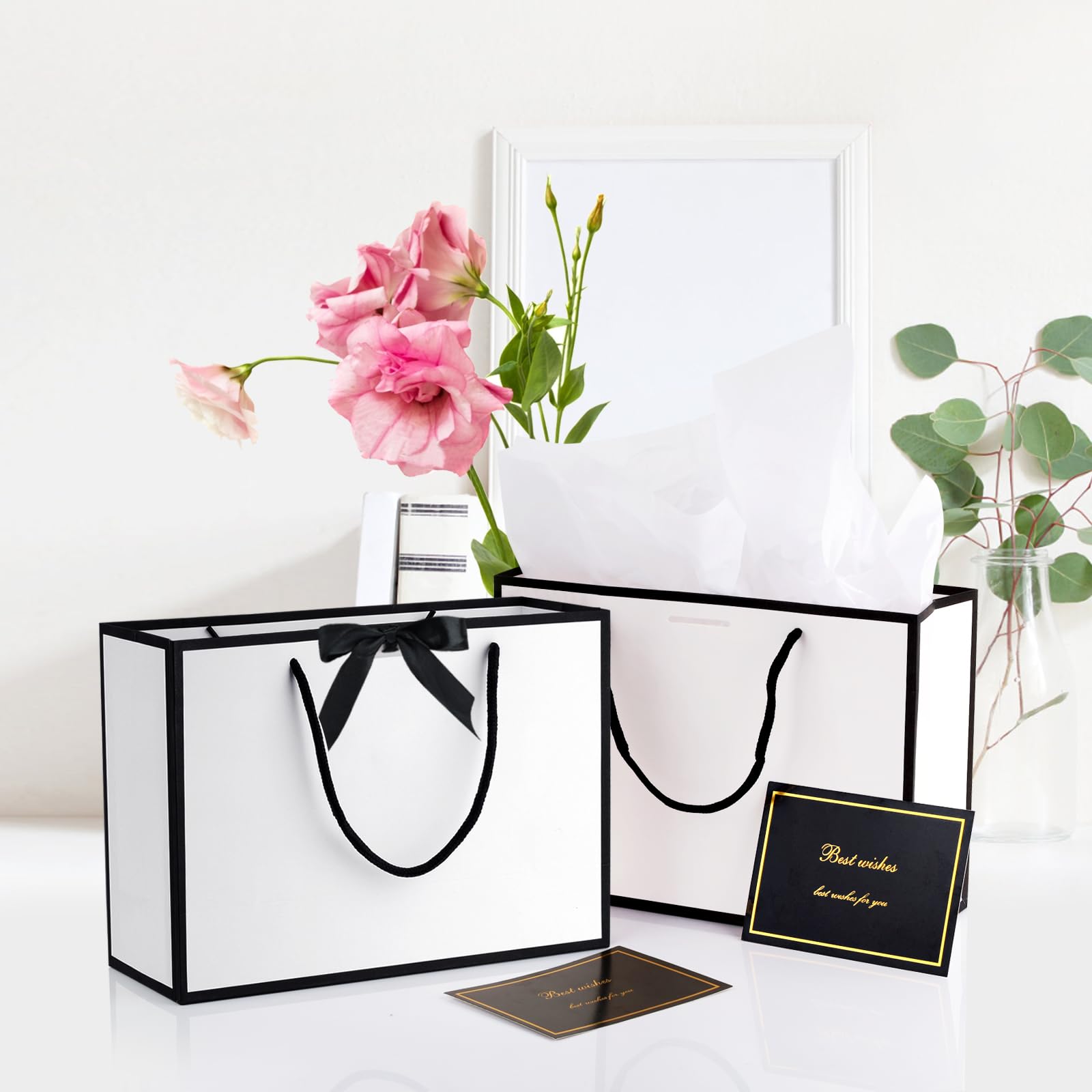 2 Pièces Sac Cadeau En Papier Avec Ruban D'Arc Et 2 Mouchoirs