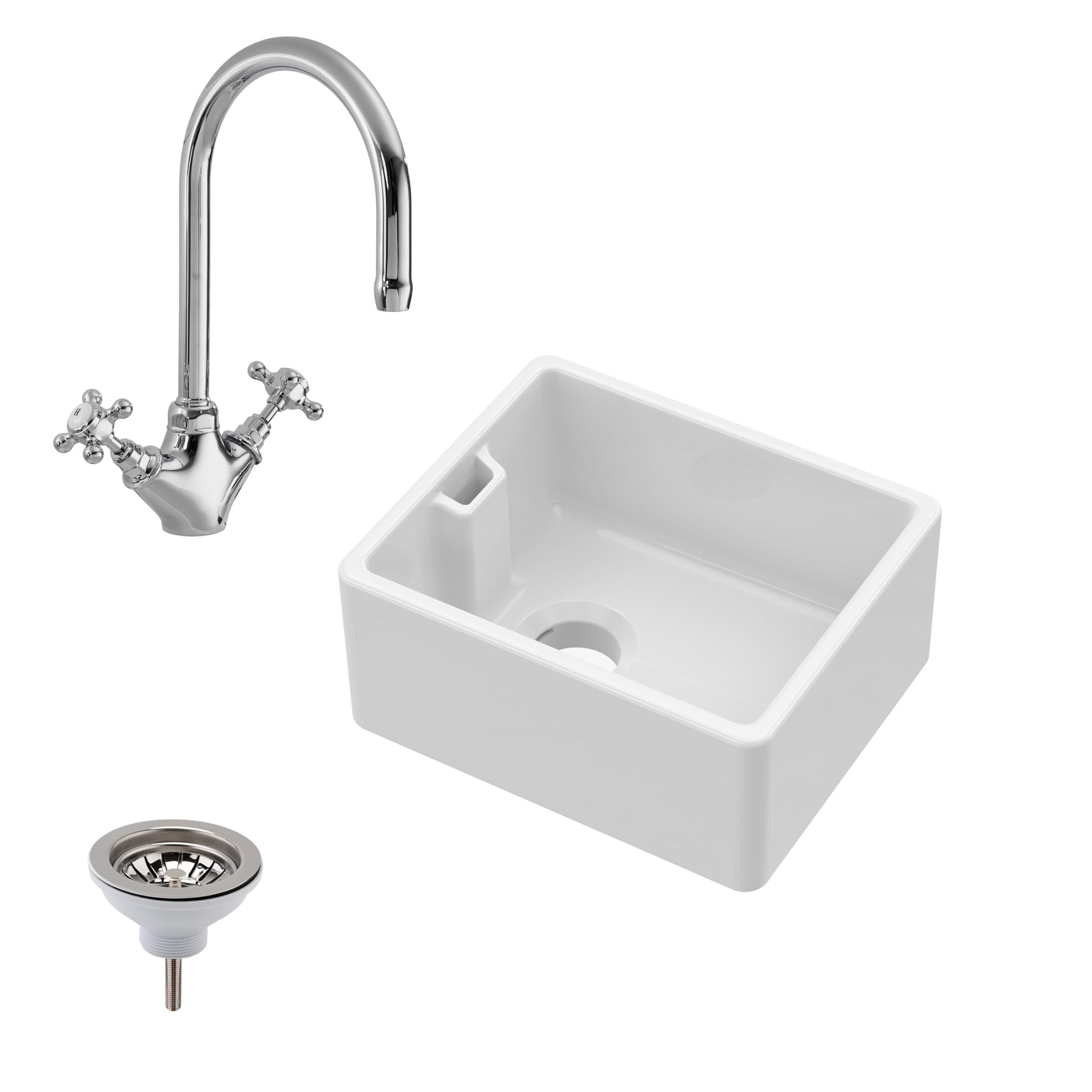 Balterley Fireclay Belfast Sink with Overflow - Mono Sink Mixer Tap Waste - White - 460mm
