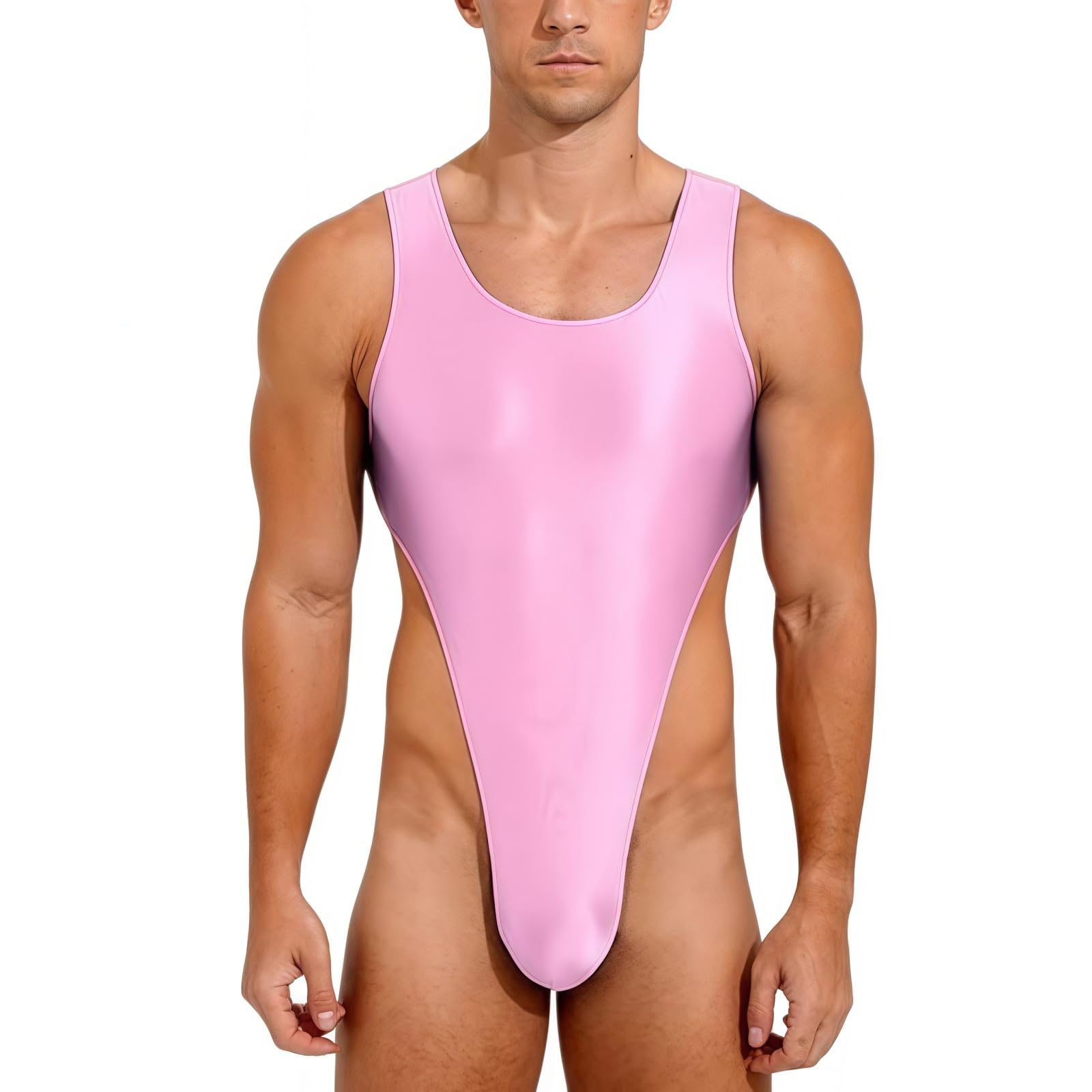 Justaucorps brillant pour hommes, sans manches col en U coupe haute body de gymnastique, combinaison de danse extensible à dos bas, solide coupe ajustée justaucorps une pièce pour l'entraînement