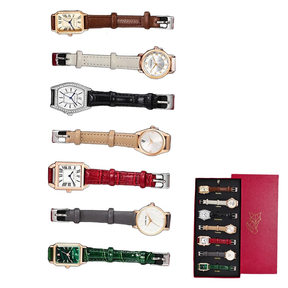 7-teiliges Armbanduhren-Set mit schickem Lederband, analog, Quarz-Armbanduhr, Vintage, eine Woche