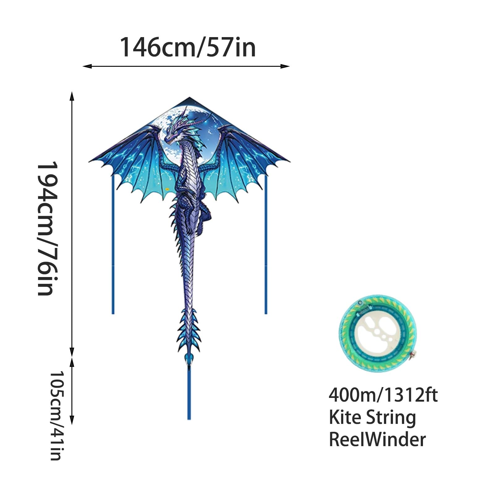 Cometa De Una Sola Línea Winged Dragon, Tela De Rejilla, Varillas De Fibra De Vidrio, con Carrete, para Actividades Al Aire Libre En La Playa Y En El Parque(Blue,String1312ft)