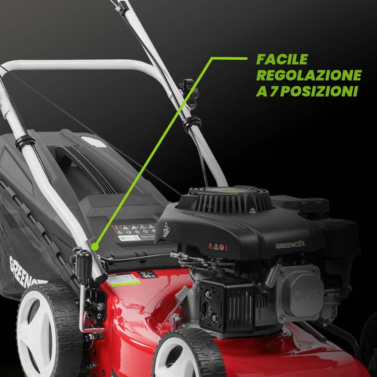 GREENCUT GLM690X – Rasaerba a benzina 132cc semovente, avviamento manuale, larghezza 41 cm, altezza regolabile, sacco 45 L, per giardini fino a 1100 m²