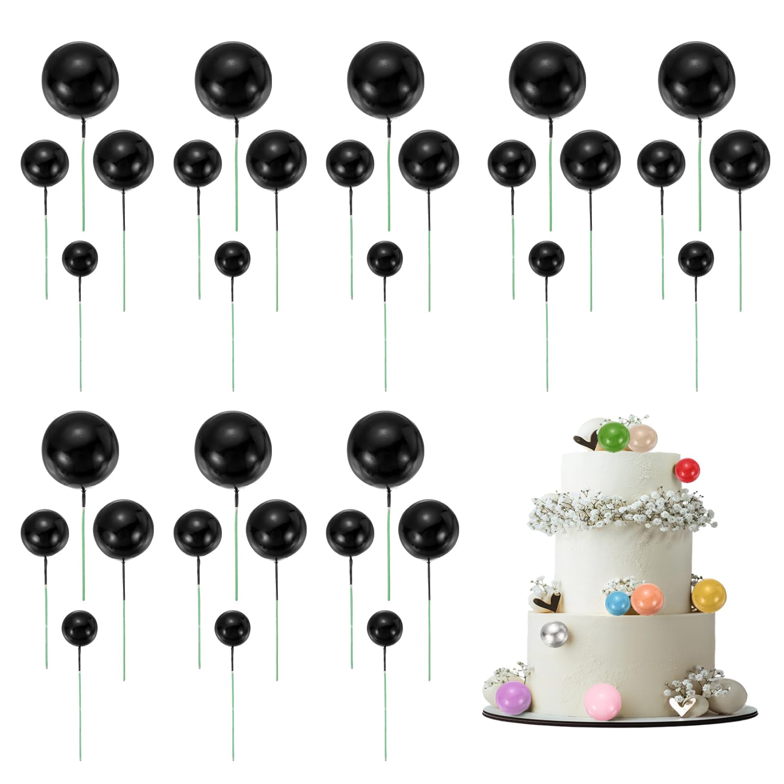 sourcing map 32Pcs Cake Toppers Foam Ball, Cupcake Insert Cake Toppers Cupcakes Decoration Balls for Theme Birthday Party Favors Wedding Halloween Christmas Supplies, Black — image 1