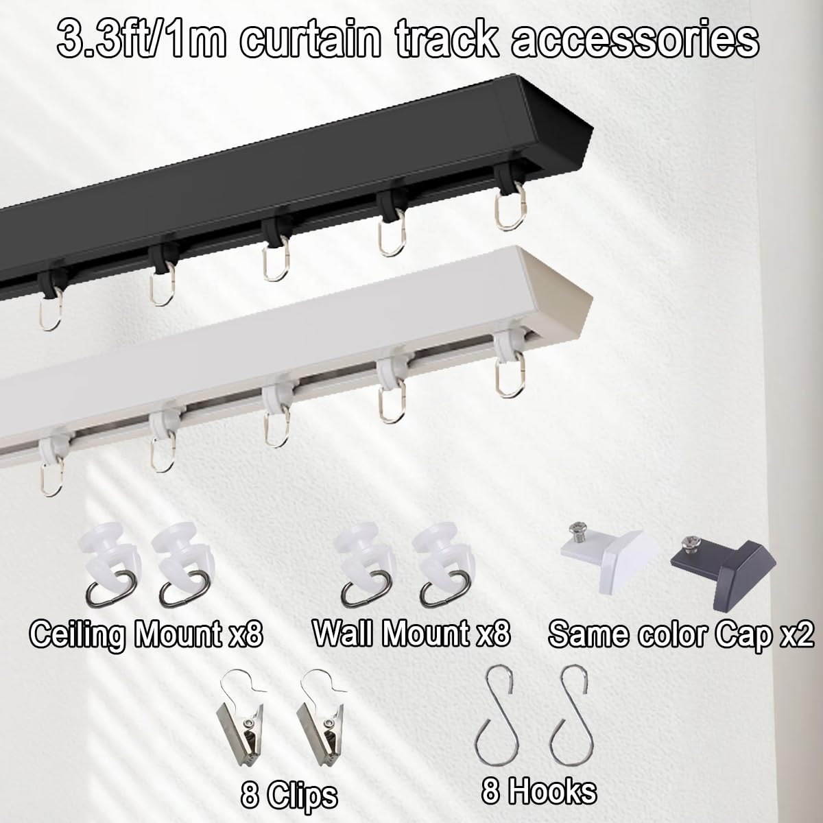 Aluminiowy drążek gąsienicowy bez wiercenia, od 0,5 m do 5 m, montaż ścienny/sufitowy z klipsami i obręczą do salonu i kampera, czarny (380 cm)