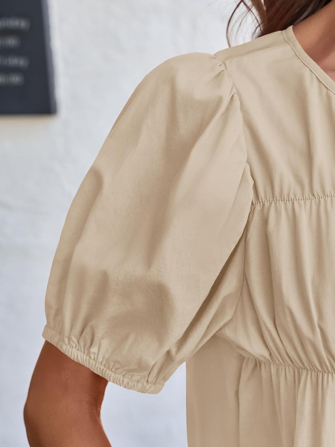 Tankaneo Womens Puff Sleeve Peplum Babydoll Tops Summer Smoked Pleated Cotton T-Shirts Casual Loose Fit Flowy Blouse - Image 2