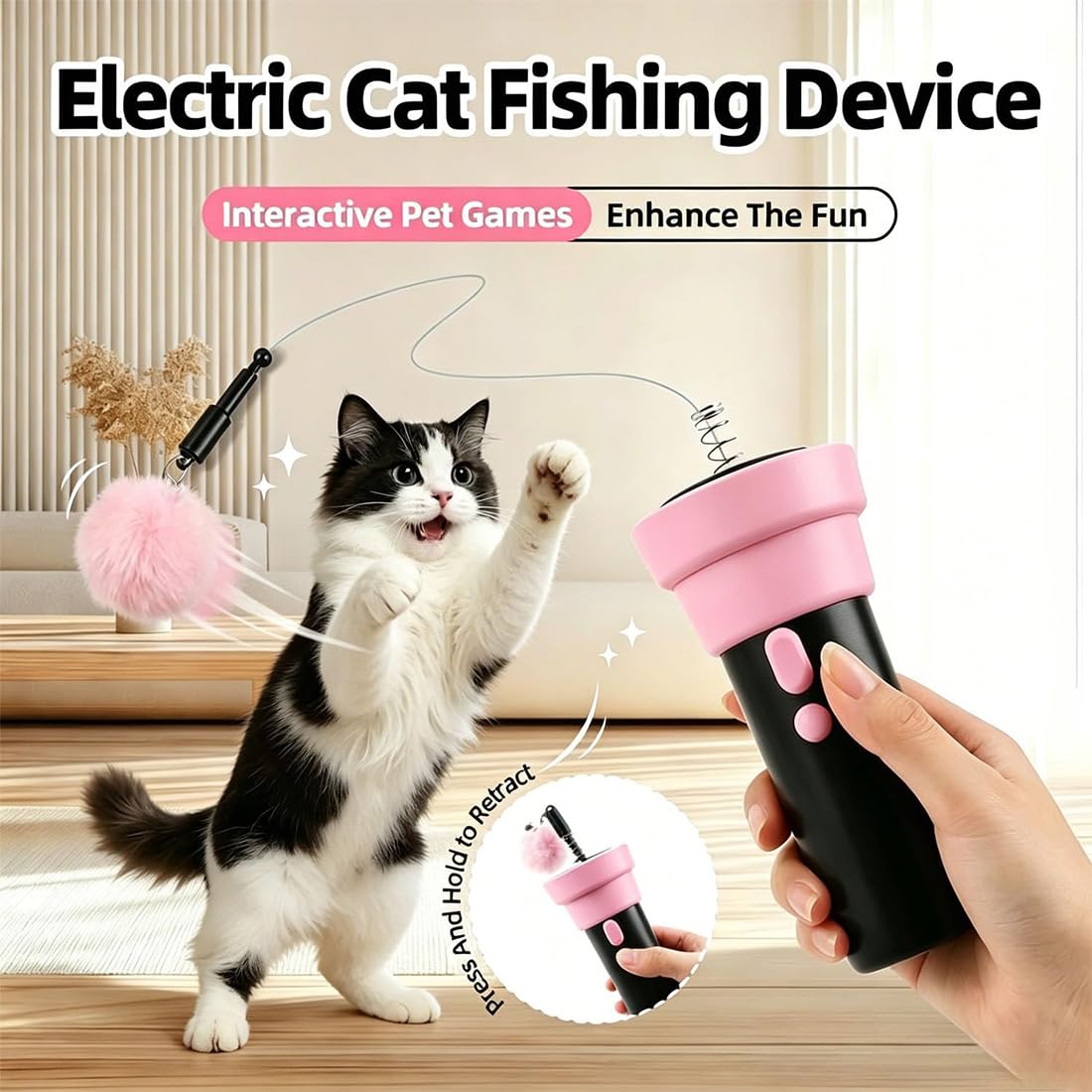 Lanzador automático para gatos, juguetes interactivos de bola mullida para gatos de interior, juguete eléctrico para gatos con cuerda telescópica para gatitos y gatos adultos (rosa + azul, 1)