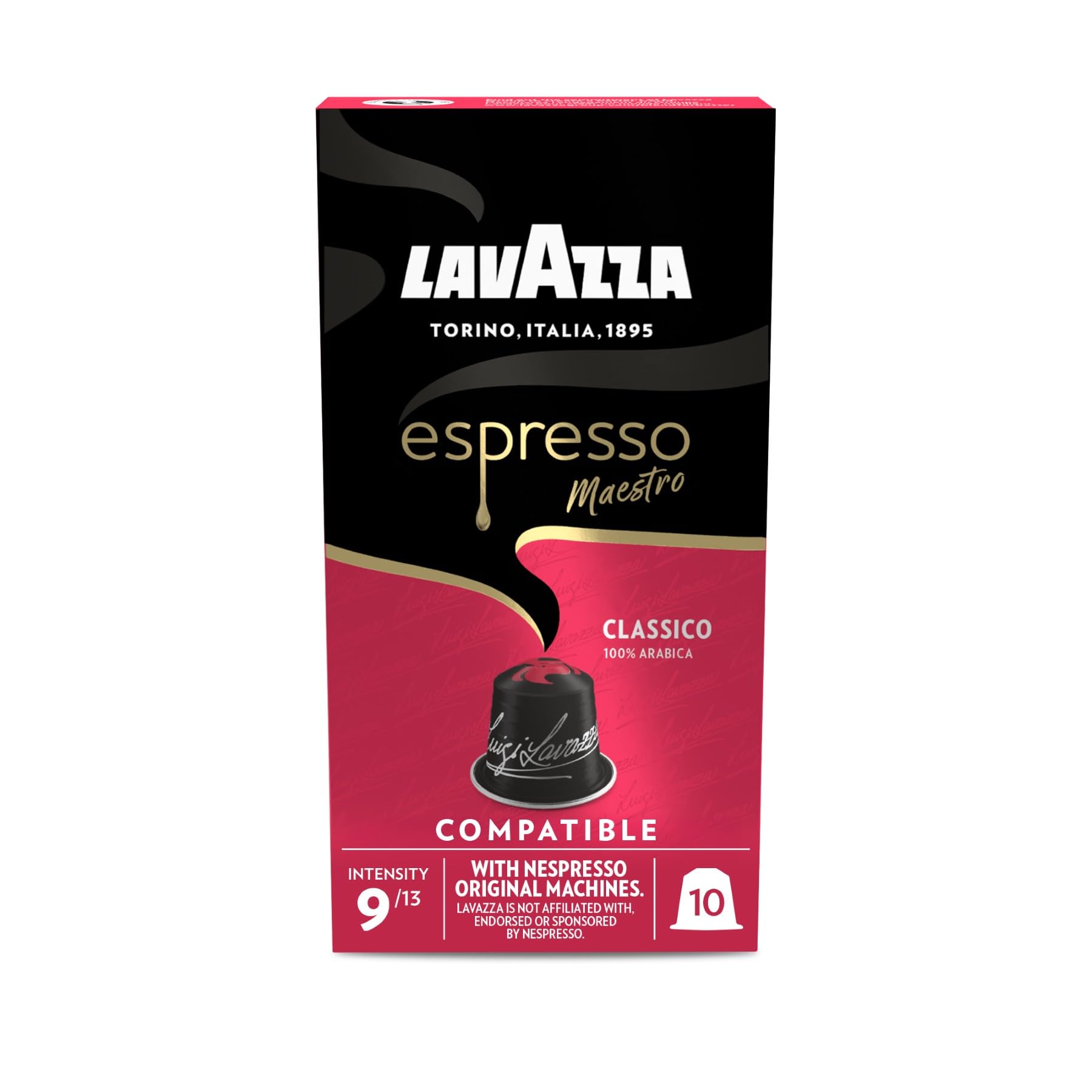 Lavazza, Espresso Maestro Classico, 30 Aluminium Coffee Pods Compatible with Nespresso Machines,with Cereals and Cookies Notes, 100% Arabica, Intensity 9, Medium-Dark Roasting