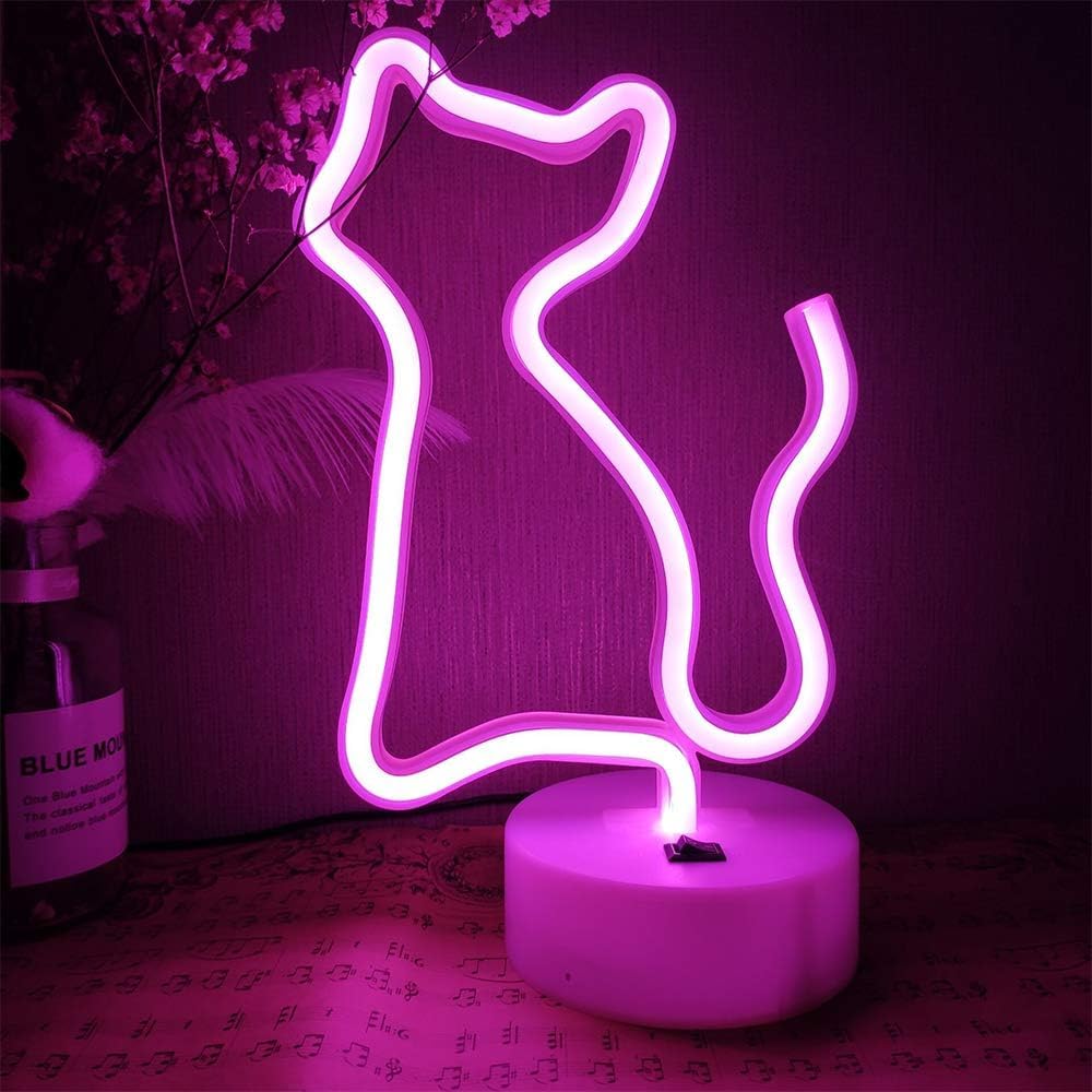 Love Heart Rainbow LED Neon Light Sign Lamp Freestanding Lighting USB or Battery Powered Night Light Room Home Decor Bar Party Lights Birthday Gift Xmas Wedding Lamps (Cat Pink)