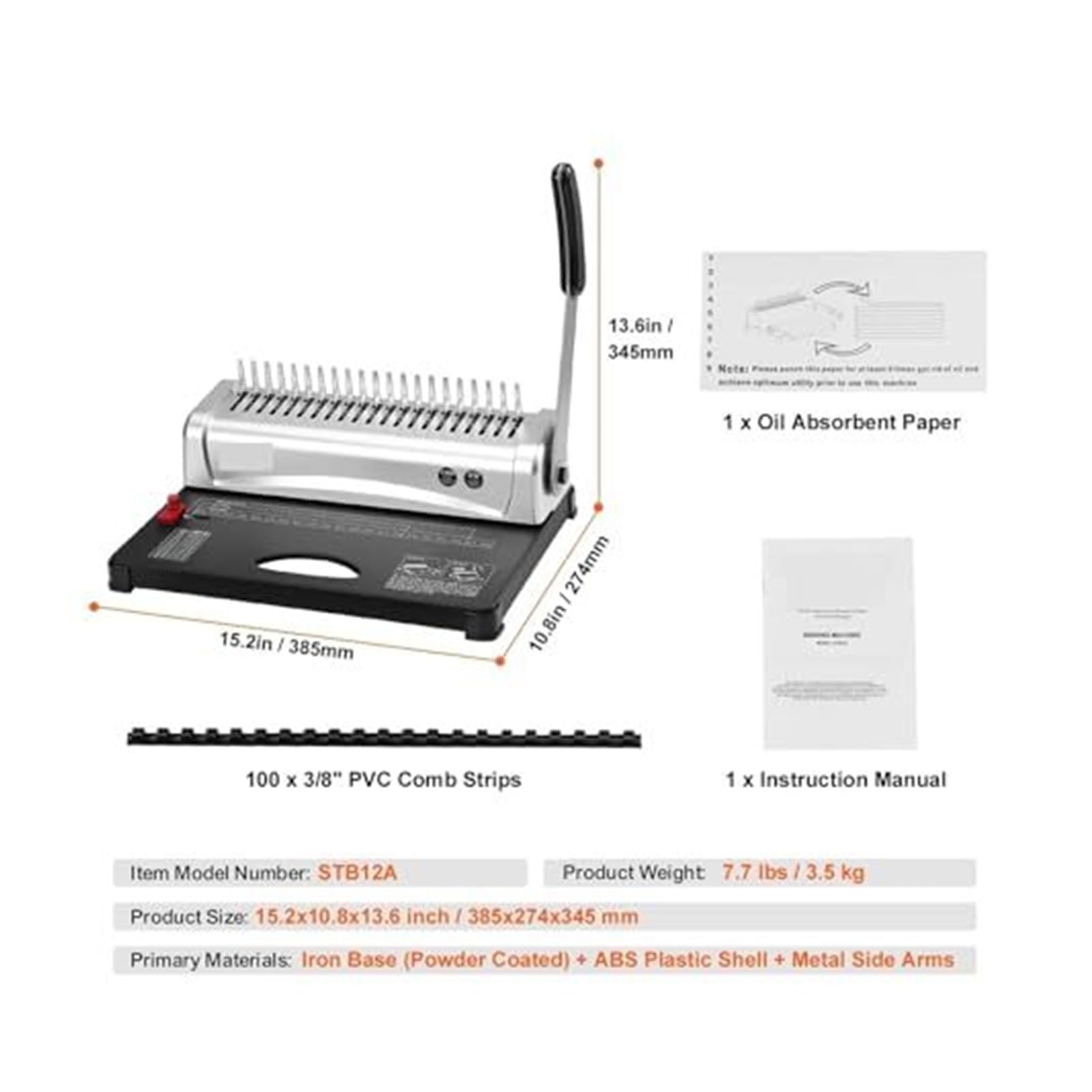 Rilegatrice for libri, rilegatrice a pettine con 21 fori for 450 fogli, include 100 pezzi di dorso a da 3 8''