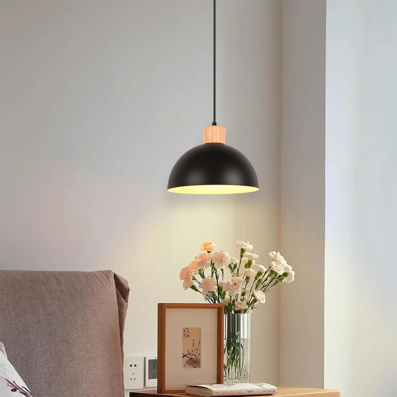 iDEGU Zestaw 2 żyrandoli wiszących w stylu retro, nowoczesny styl, półokrąg, lampa sufitowa E27, drewniana metalowa lampa wisząca do jadalni, kuchni, salonu, sypialni, Ø 25 cm (czarna)