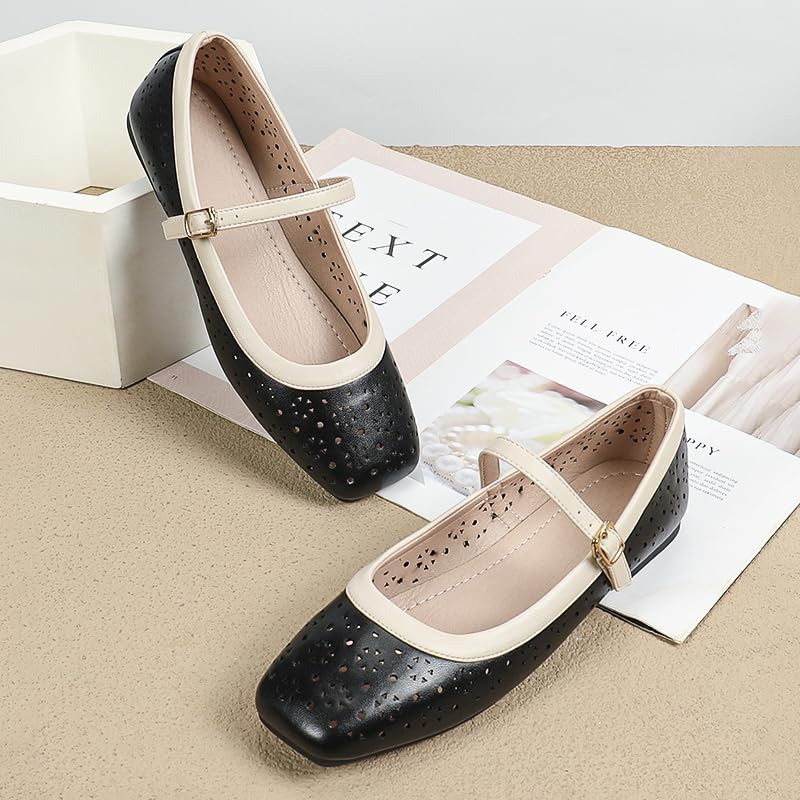 Cut-Out Women’s Square Toe Mary Jane Flats Shoes with Strap Buckle, Elegant Comfortable Slip-On Lea Ther Ballet Flats for Casual Outfits Office Daily Dress2