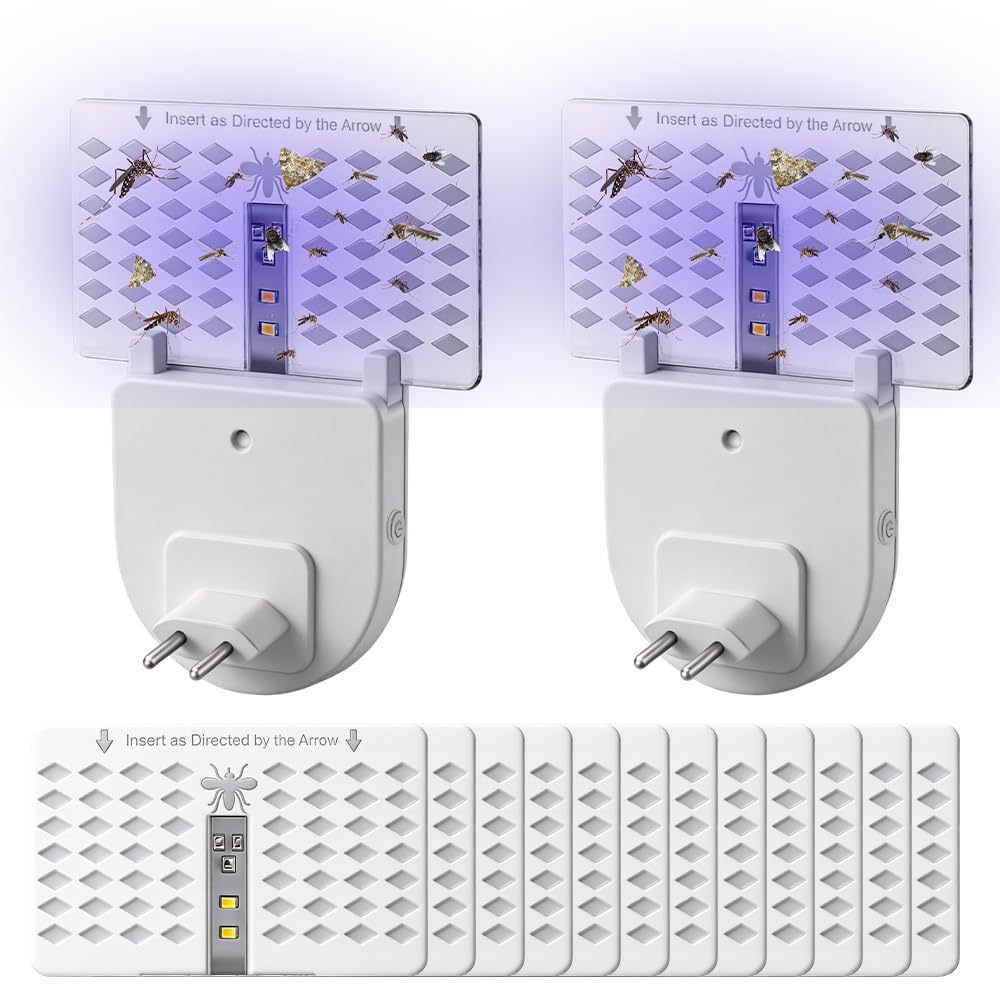 Fruit Fly Trap Indoor UV, 2 Pack Plug in Fly Trap with Night Light, No Noise No Odor Plug-in Mosquito Killer with 12 Glue Cards, Light Trap for Mosquito, Flies, Moths, Gnats, White
