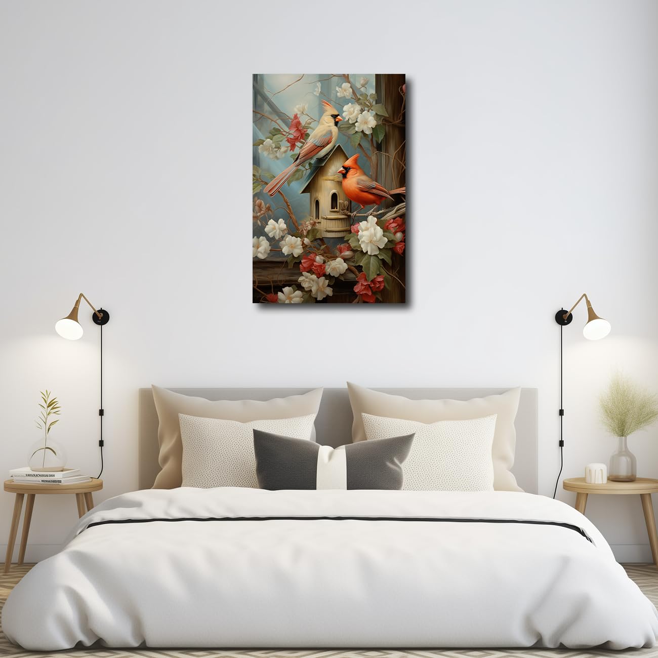CXHOSTENT Kardinal Leinwandbilder Kardinalvogel mit Vintage Blumen Kunstdruck Tiere Vögel Bilder für rustikale Küche Badezimmer Dekor (A, 70.00 x 105.00 cms)