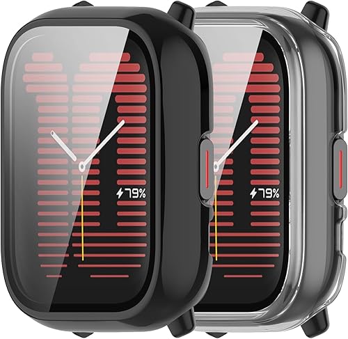 Funda protectora de pantalla compatible con Amazfit Active, pantalla de vidrio templado + funda protectora mate de policarbonato completo para