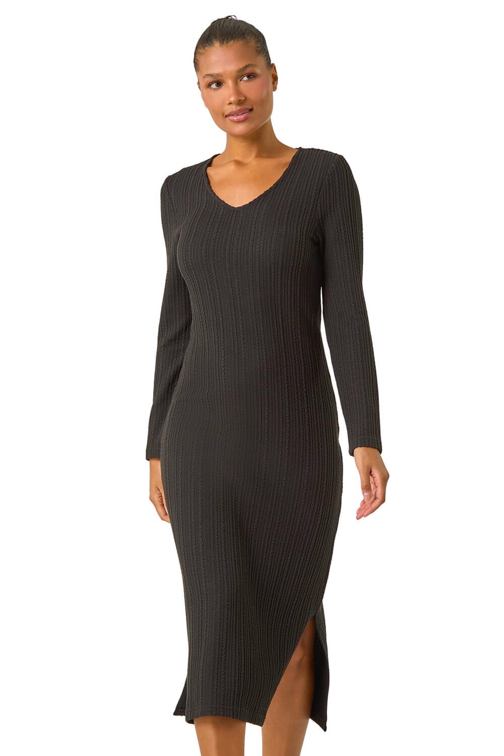 Roman Women's Black Wave Textured V-Neck Stretch Midi Dress Size 16