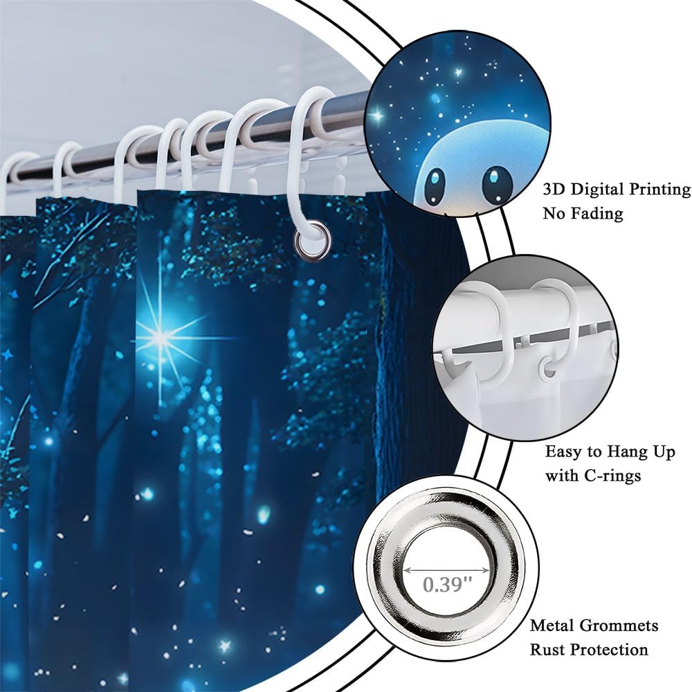 Cute Ghost Forest Shower Curtain Magical Night Scene Colorful Floral Dark Blue Fantasy Spooky Halloween Landscape Bathroom Decor Polyester Curtains with Hooks,70Wx80L