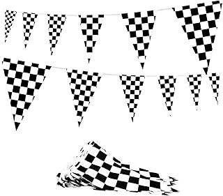 Novelty Place 100Ft Checkered Flags Pennant Banner - 48 Black and White Racing Flags Plastic Banner (12" x 18") for Sports Racing Car Themed Party Decorations