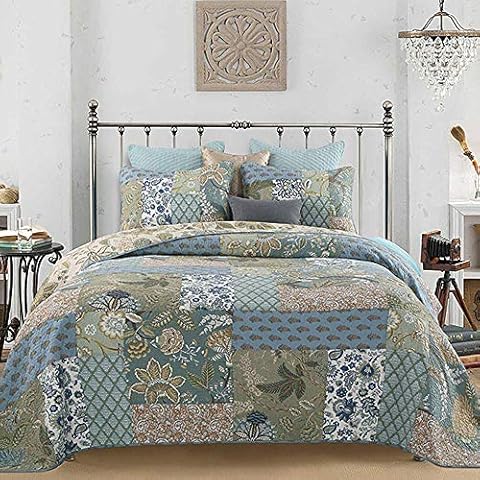 YAYIDAY Cotton Patchwork Quilt Set Bedspread King Size - Reversible Breathable Comforter Floral Quilted Coverlet with Pillow Shams, Bohemian Pattern Green K Cover