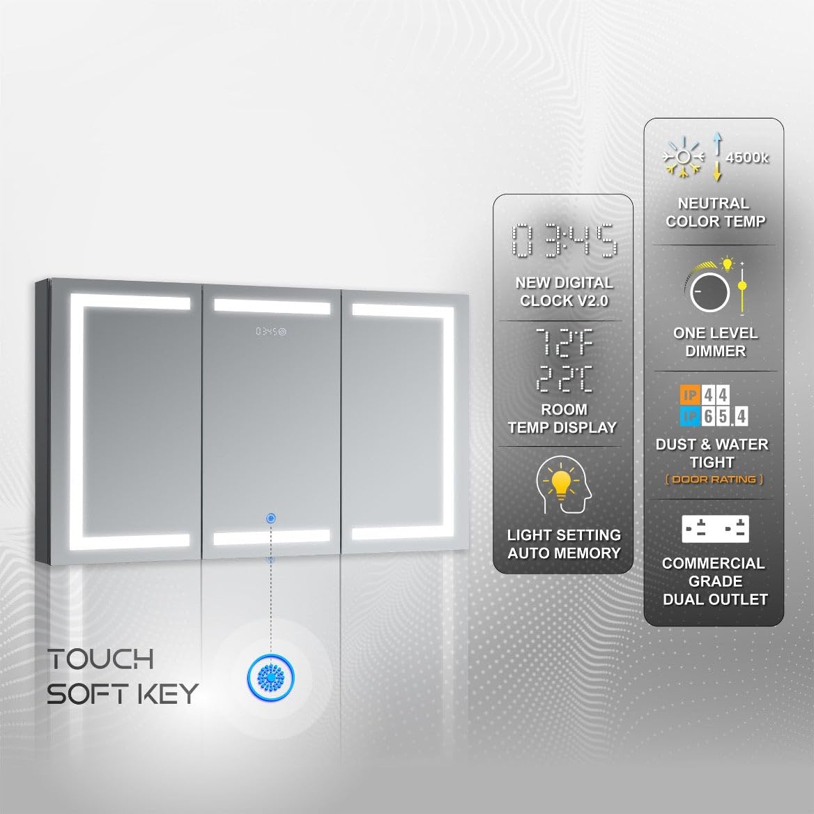 DECADOM LED Mirror Medicine Recessed or Surface, Dimmer, Clock