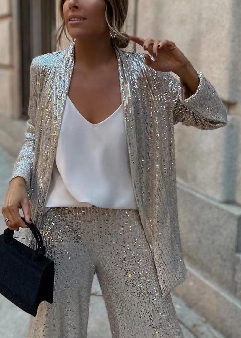 shownicer Damen Pailletten Anzug Zweiteiliger Blazer und Hose Business Hosenanzug Slim Fit Streetwear Damenanzug 2 Stück Set Festlich Pailletten Sets