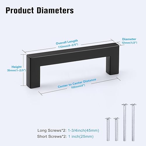 Miniatura 2 de KNOBWELL Paquete de 20 manijas de cajón de barra cuadrada de 4 pulgadas, color negro, manijas de armario de cocina, tiradores de cajón negros,