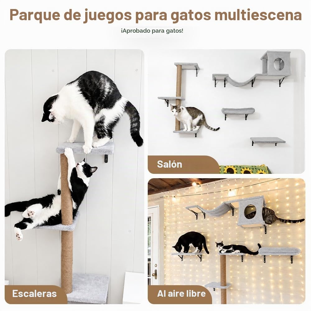 PawGiant Estantes 5 en 1 para Gatos, Juego de Muebles de Pared de Madera | Escalador de Gatitos con Poste Rascador de Árbol, Rascador, Puente Colgante y Descanso, Hasta 18 kg, Gris Claro