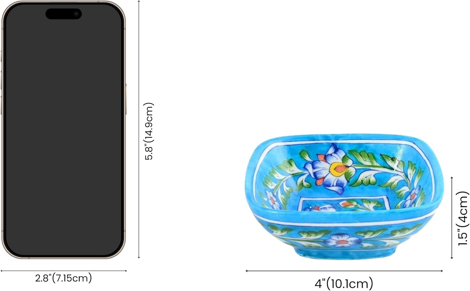 NATRIEL Earthenware Decorative Bowl Blue Pottery Hand Painted Home Décor Serving Bowls Square Bowl 4" pack of 2