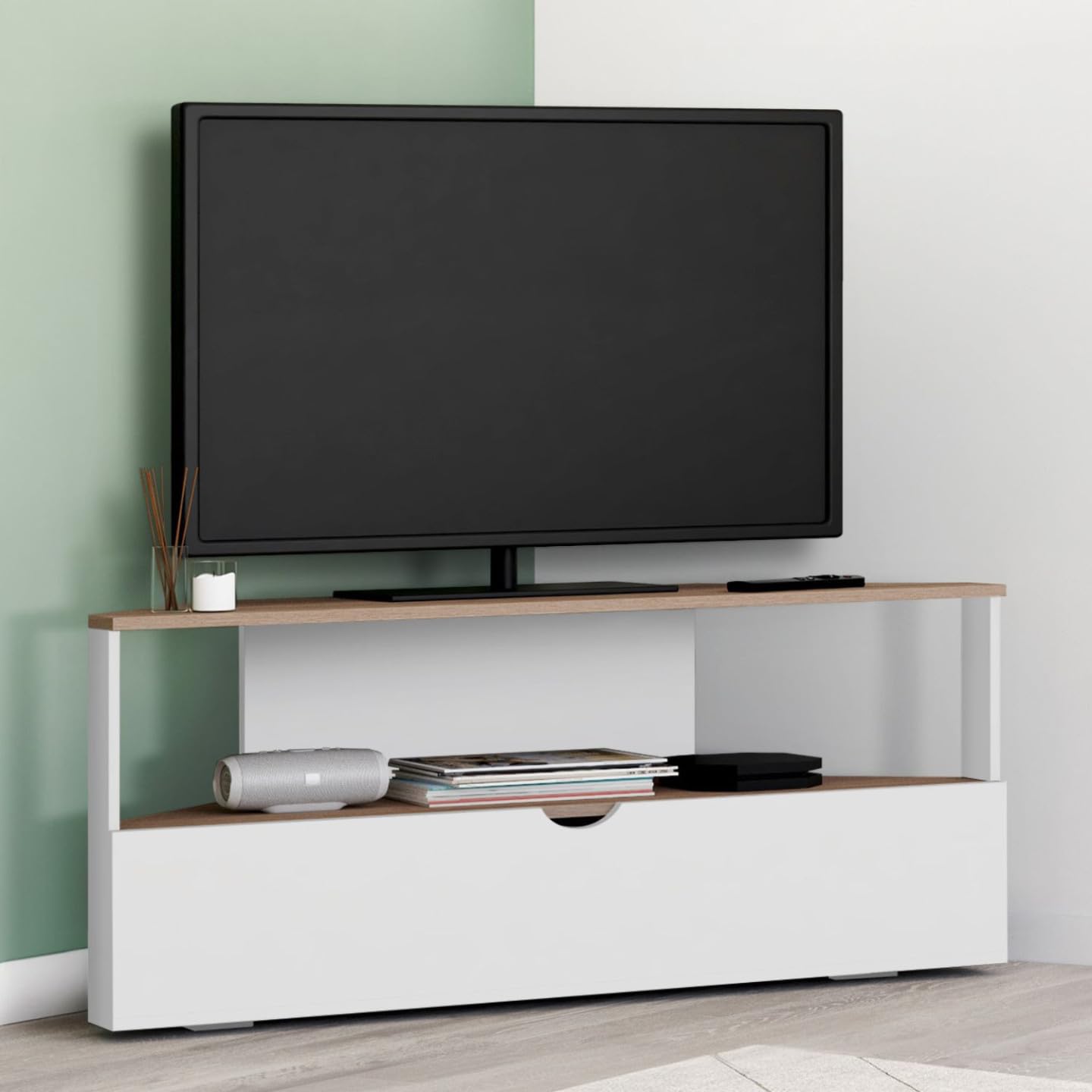 IDMarket - Mueble de TV esquinero ELI 100 cm en madera efecto haya y blanco