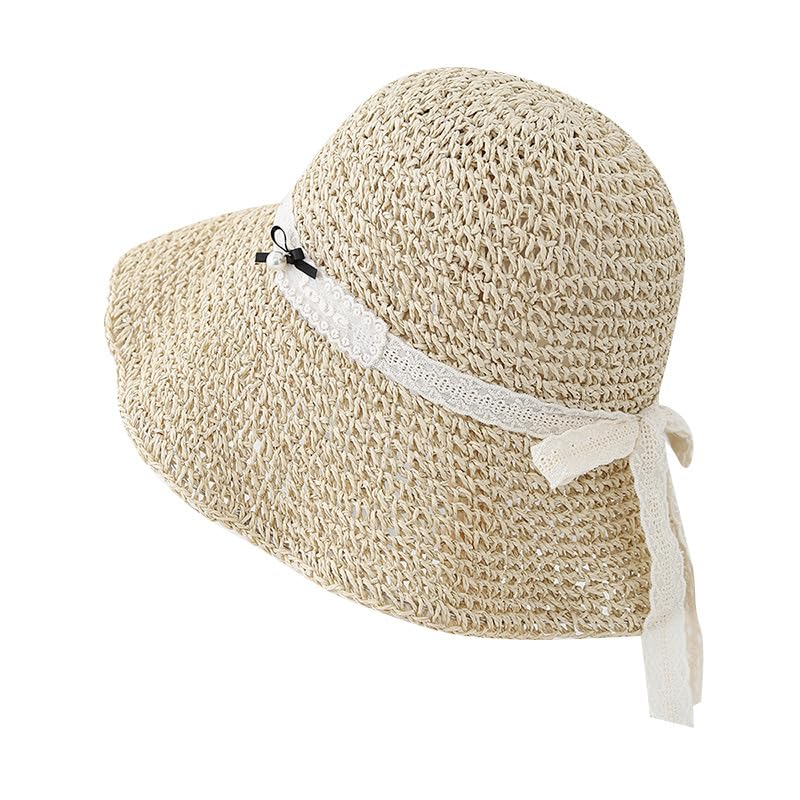Sombrero de Paja Ahuecado de ala Ancha para Mujer,Ligero,con Lazo de Encaje de Perlas,Plegable,Transpirable,para Playa,para Caminar y Viajar