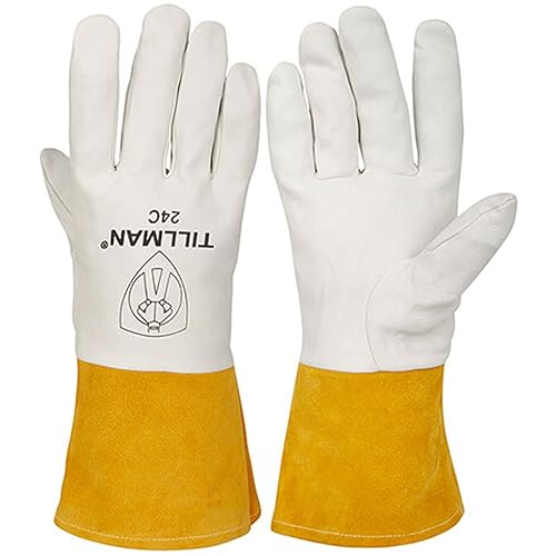 John Tillman - Guantes de soldador TIG sin forro de piel de niño de grano superior XL de 14 y 12 pulgadas, perla y oro, con puño de 4 pulgadas y