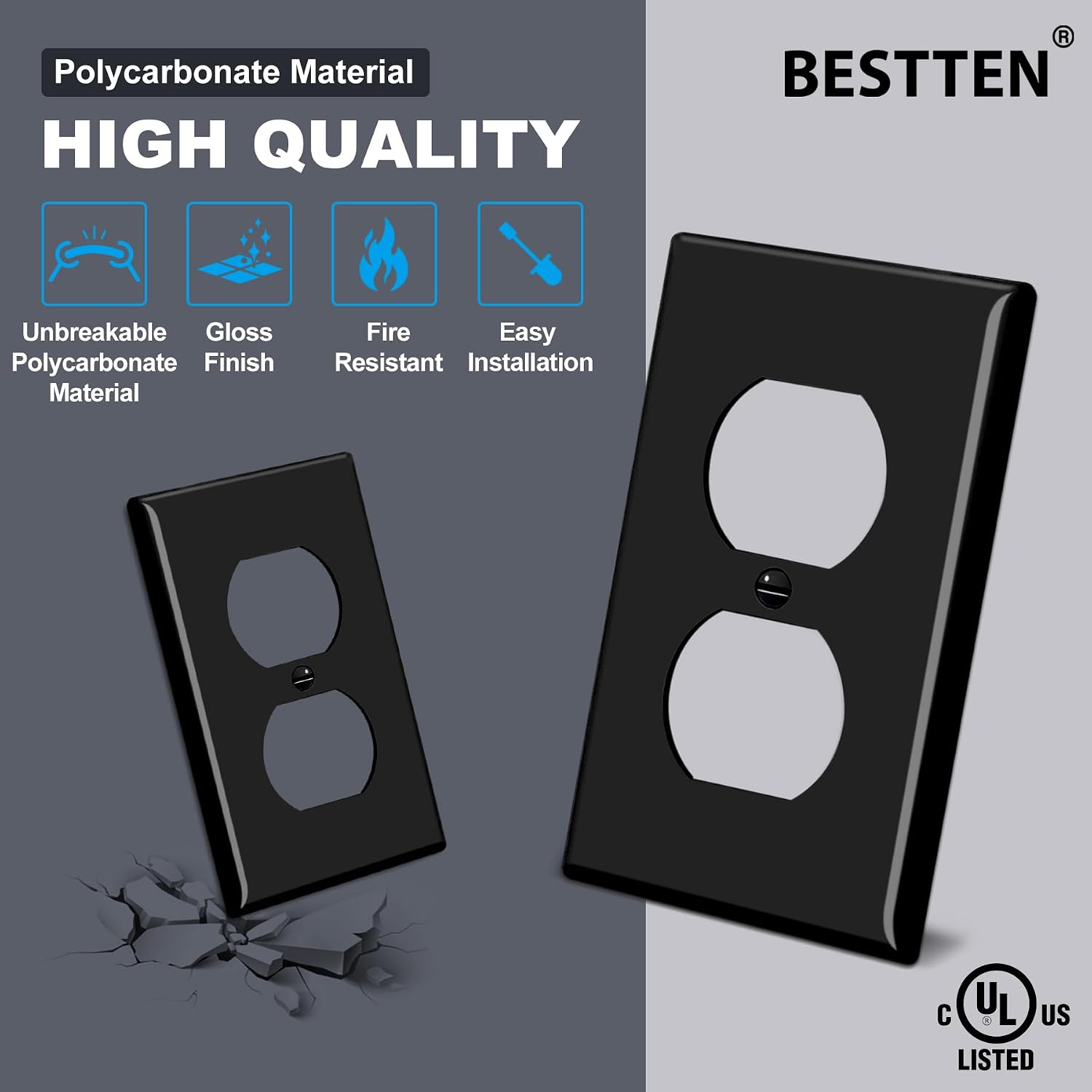 [10 Pack] BESTTEN 1-Gang Duplex Wall Plate, Standard Size, Unbreakable Polycarbonate Receptacle Outlet and Switch Cover, UL Listed, Black