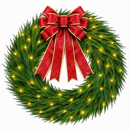 Pinkpum 26" Real Touch Cedar Christmas Wreath with Lights & Bow - image 1