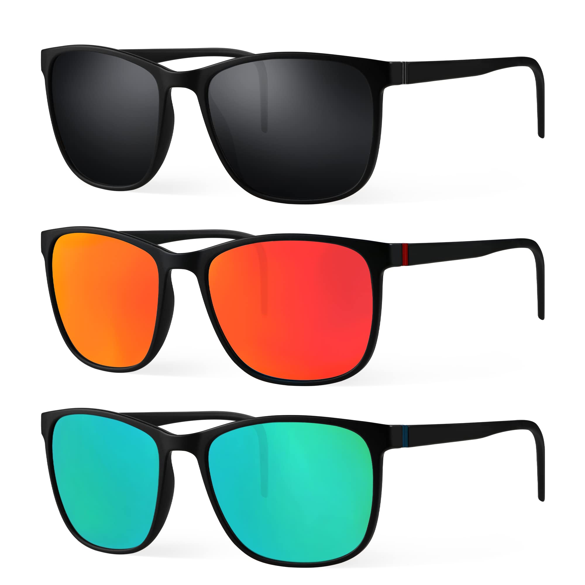 Gafas de sol polarizadas para hombres y mujeres aviador de gran tamaño con lentes retrovisores UV 100% protección (3 paquetes), Negro mate, gris/negro mate, rojo/negro mate, verde